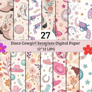 Op de afbeelding: Een collectie van 27 naadloze digitale papiermotieven met illustraties van cowboylaarzen, discoballen, revolvers, cowgirlhoeden, hoefijzers, bloemen, sterren en vee in roze, blauw en crème met de tekst 27 Disco Cowgirl Seamless Digital Paper 12*12 |JPG.