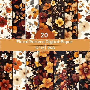 Puede incluir: Una colección de 20 hojas de papel digital con patrones florales en tonos naranja, marrón, crema y negro. El texto 20 Floral Pattern Digital-Paper 12*12 | PNG se muestra en el centro de la imagen en blanco y naranja.