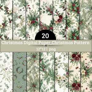 Puede incluir: Una colección de 20 papeles digitales con motivos navideños, ilustraciones botánicas de ramas de pino, bayas de acebo, muérdago y flores sobre fondos crema y verde. El texto dice 20 Christmas Digital Paper, Christmas Pattern 12*12 | png.
