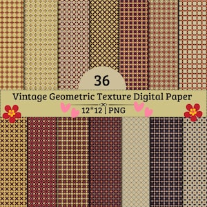 Puede incluir: Una colección de 36 hojas de papel digital con varios patrones geométricos vintage en tonos rojo, marrón, dorado y crema. La imagen incluye el texto 36 Vintage Geometric Texture Digital Paper 12*12 PNG con detalles florales.