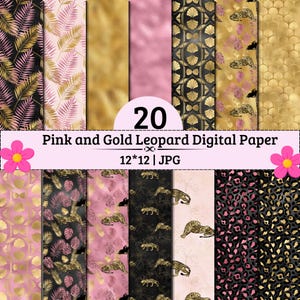 Puede incluir: Una colección de 20 hojas de papel digital con patrones en rosa, dorado y negro que incluyen estampados de leopardo, hojas de palma, formas geométricas y motivos florales. Se muestra el texto 20 Pink and Gold Leopard Digital Paper 12*12 | JPG.