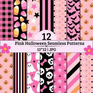 May include: A collection of 12 digital seamless patterns featuring pink, black, and orange Halloween themes including ghosts, skulls, bats, pumpkins, candy corn, stars, stripes, and polka dots with text reading 12 Pink Halloween Seamless Patterns 12*12 | JPG.
