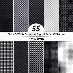 Könnte beinhalten: Eine Sammlung von 55 nahtlosen digitalen Schwarz-Weiß-Papier-Mustern im PNG-Format. Die Designs zeigen verschiedene geometrische Motive wie Punkte, Gitter und komplexe Linien, mit dem Text 55 Black & White Seamless Digital Paper Collection 12*12 |PNG.