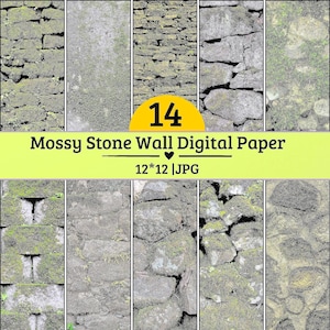 Könnte beinhalten: Eine Sammlung von 14 digitalen Papieren mit moosigen Steinmauern im JPG-Format. Die Bilder zeigen verschiedene graue und braune Steinmuster, die mit grünem Moos bedeckt sind, im 12x12 Zoll Layout mit dem Text 14 Mossy Stone Wall Digital Paper.