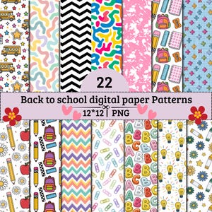 Peut inclure: Une collection de 22 motifs de papier numérique présentant des designs sur le thème de l'école, incluant des bus jaunes, des crayons, des sacs à dos, des pommes, des ampoules et des lettres, ainsi que des formes géométriques variées.