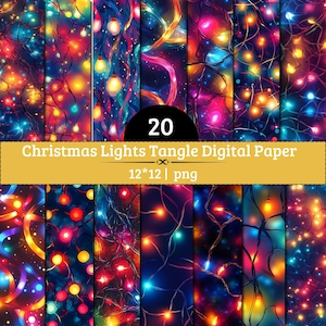 May include: A collection of 20 digital paper designs featuring tangled Christmas lights in vibrant red, blue, yellow, and purple hues against dark backgrounds. The text 20 Christmas Lights Tangle Digital Paper 12*12 | png is displayed.