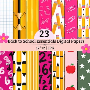 May include: A collection of 23 digital papers featuring school-themed patterns including yellow pencils, white paper clips, red apples, numbers, and stars on backgrounds of pink, yellow, white, and dark green, labelled 12*12 | JPG.