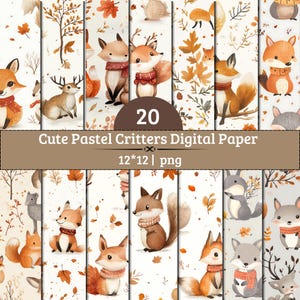 Könnte beinhalten: Eine Sammlung von 20 digitalen Papieren mit Illustrationen von Füchsen, Hirschen und Eichhörnchen in herbstlichen Umgebungen. Die Designs zeigen orangefarbene und braune Blätter, Bäume und Tiere, die Schals tragen, auf hellem Grund.