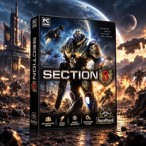 Pode incluir: Uma caixa de jogo para PC de Section 8 com um soldado blindado central numa zona de guerra futurista. A capa exibe o título Section 8, o texto Soldiers Evolve Battles Are Bigger e ícones para multijogador, combate e personalização.