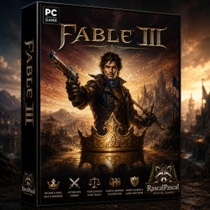 May include: A PC game box for Fable III featuring a central character holding a pistol and sword above a golden crown. The cover displays the title, a dark fantasy landscape, and icons representing hero, combat, choices, quests, and world-shaping.