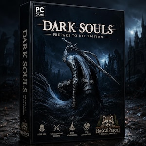 Puede incluir: Una caja de juego para PC de Dark Souls Prepare to Die Edition con un caballero con armadura y una gran espada. La portada muestra el título, una figura arrodillada y cuatro iconos etiquetados como Deep RPG, Challenging Combat, Dark Atmosphere y Epic Adventure.