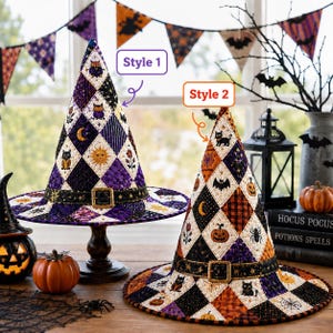 May include: Two quilted witch hats featuring diamond-shaped patterns with Halloween motifs like cats, pumpkins, moons, and spiders. Each hat has a black band with a gold buckle. The left hat is labeled Style 1, and the right hat is labeled Style 2.