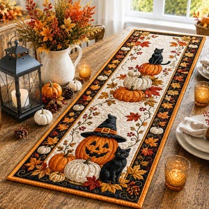 Halloween Table Runner, Black Cat Pumpkin Table Decor, Fall Quilted Table Runner, Witch Hat Autumn Dining Room Decor