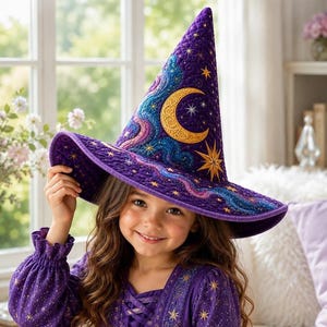 May include: A quilted purple witch hat featuring an embroidered golden crescent moon and star motifs. The hat is decorated with swirling patterns in shades of blue, pink, and purple, and is worn with a matching purple long-sleeved top with gold stars.