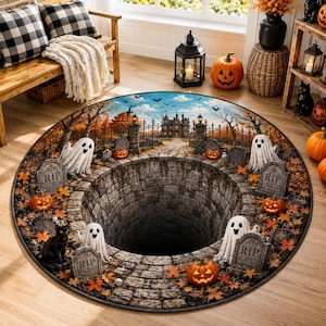 Halloween 3D Illusion Rug, Spooky Haunted House Area Rug, Ghost Pumpkin Round Rug, Halloween Home Decor, Horror Floor Mat