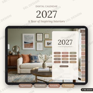 Peut inclure: Un calendrier numérique 2027 intitulé A Year of Inspiring Interiors affiché sur un écran de tablette. L'interface présente une grille de navigation mensuelle dans des tons terreux, des onglets latéraux et un salon en arrière-plan.