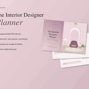 Peut inclure: Le planificateur The Interior Designer Planner est un document PDF imprimable de 8 pages incluant un brief client, un plan de pièce, un mood board, une liste d'achats, un budget et un calendrier. La couverture montre un fauteuil.