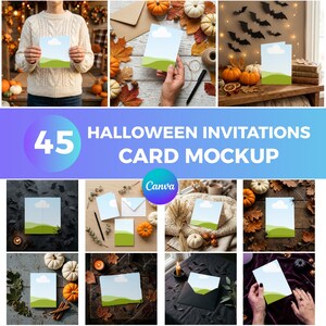 以下が含まれることがあります： 45種類のハロウィン招待状カードモックアップコレクション。明るい青空、白い雲、緑の丘が描かれた長方形のカードが、カボチャや落ち葉、封筒など様々な背景と共に配置されています。