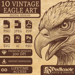 Może przedstawiać: Cyfrowa grafika przedstawiająca brązową ilustrację liniową głowy orła na teksturowanym beżowym tle. Tekst zawiera 10 VINTAGE EAGLE ART, DIGITAL DESIGNS, PNG, JPEG, PDF, SVG, AI, PSD, PREMIUM DESIGNS 300 DPI, INSTANT DOWNLOAD, LIFETIME ACCESS oraz Dudlenoir ARTS & PRINTS.