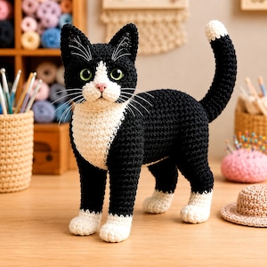 Puede incluir: Una figura de gato tejida a ganchillo a mano con hilo negro y blanco. El gato tiene ojos verdes, nariz rosa, bigotes blancos y pecho, patas y punta de la cola blancos. La figura de pie presenta un patrón de punto texturizado en todo el cuerpo.