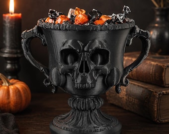 Black Skull Candy Bowl, 3D Printed Gothic Goblet, Halloween Planter and Spooky Table Decor