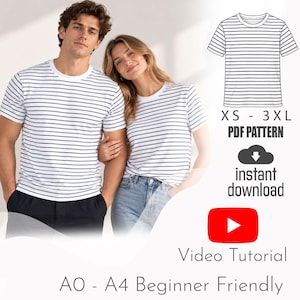 May include: A white t-shirt with thin horizontal black stripes. The image includes a technical line drawing of the shirt, text stating XS - 3XL PDF PATTERN, an instant download icon, a YouTube play button, and the text Video Tutorial AO - A4.