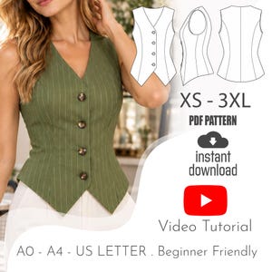 May include: An olive green pinstriped vest with a V-neckline and four brown buttons. The image includes a technical line drawing of the vest, text reading XS - 3XL, PDF PATTERN, instant download, and Video Tutorial, plus A0 - A4 - US LETTER.