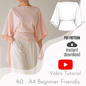 May include: A light pink top with wide kimono-style sleeves and a fitted waist, paired with white trousers. The image includes a technical line drawing of the top, text reading PDF PATTERN, instant download, Video Tutorial, and A0 - A4 Beginner Friendly.