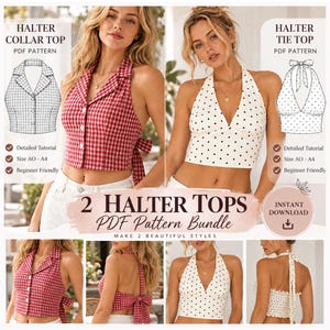 Puede incluir: Un paquete de patrones PDF digitales para dos tops halter. Uno es de cuadros vichy rojos y blancos con cuello y botones, y el otro es blanco con lunares negros y lazo al cuello. Incluye bocetos técnicos y etiquetas de texto.