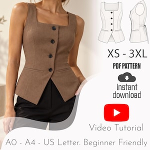 May include: A brown sleeveless vest with a square neckline and four dark buttons down the front. The image includes text: XS - 3XL, PDF PATTERN, instant download, Video Tutorial, and A0 - A4 - US Letter. Beginner Friendly.
