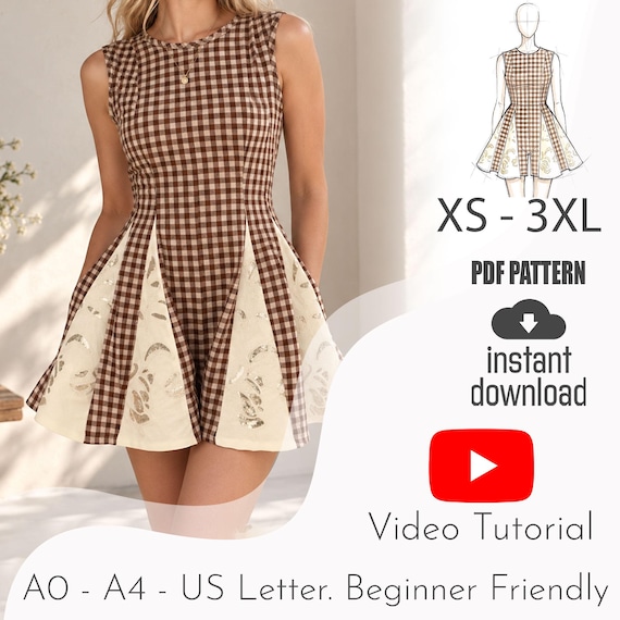Womens Gingham Romper Sewing Pattern, Flared Shorts Playsuit PDF Pattern, Contrast Panel Romper, Open Back Jumpsuit Sewing Pattern