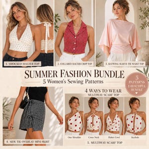 May include: A digital collage titled Summer Fashion Bundle 5 Women's Sewing Patterns featuring five clothing designs: a white polka dot smocked halter top, a red plaid collared halter crop top, a light pink batwing sleeve top, a black and white gingham side tie mini skirt, and a white multiway scarf top with red dots.