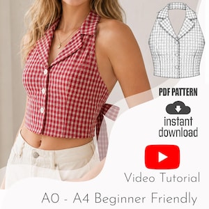 May include: A red and white gingham halter top with a notched collar and three front buttons. The image includes a technical sketch of the top, text reading PDF PATTERN, instant download, Video Tutorial, and A0 - A4 Beginner Friendly.