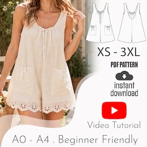 May include: A cream-colored sleeveless romper with a scoop neckline, front tie detail, two patch pockets with bows, and a scalloped eyelet hem. The image includes text: XS - 3XL, PDF PATTERN, instant download, Video Tutorial, A0 - A4.