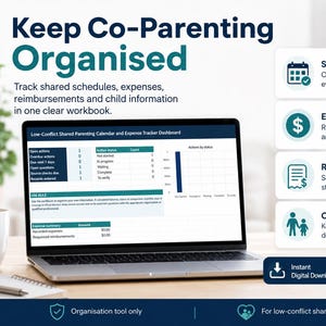 Peut inclure: Un classeur numérique de coparentalité affiché sur un écran d'ordinateur portable, présentant un tableau de bord de calendrier et de suivi des dépenses. L'interface comprend des sections pour les calendriers partagés, les frais et les enfants.
