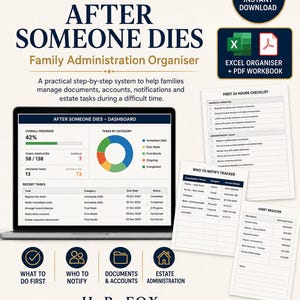 Pode incluir: Um organizador administrativo familiar digital intitulado After Someone Dies, com um computador portátil exibindo um painel de controlo, gráficos de progresso e listas de tarefas, além de listas de verificação impressas para notificações e ativos.