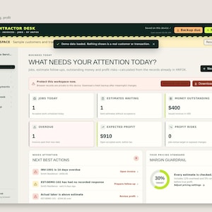 May include: A digital dashboard interface titled US CONTRACTOR DESK displaying business metrics. The screen shows sections for jobs, estimates, money outstanding, and profit risks with text including WHAT NEEDS YOUR ATTENTION TODAY.