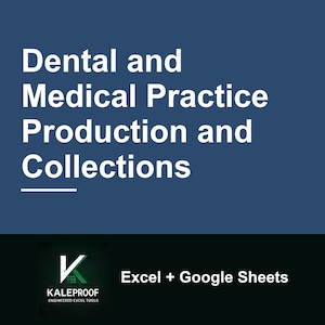 Può includere: Un modello di foglio di calcolo digitale per la produzione e gli incassi in studi dentistici e medici. Lo sfondo blu presenta testo bianco, un logo con la lettera K e il testo Excel + Google Sheets nella parte inferiore.