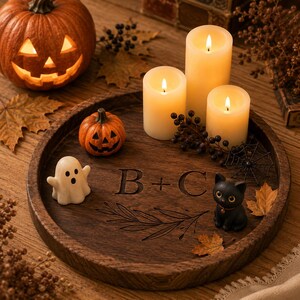 Round Wooden Serving Tray, Halloween Home Decor, Rustic Coffee Table Tray, Farmhouse Candle Display, Fall Table Decor, Housewarming Gift