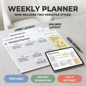 Editable Weekly Planner Printable, Lined & Unlined Weekly Schedule, Canva Editable A4 A5 Landscape Insert, Student Teacher Planner Page