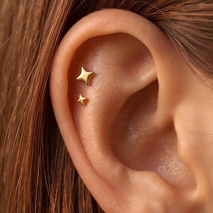 925 Sterling Silver Star Stud・18K Gold Plated Flat Back Earring ・Internally Threaded Helix Cartilage Lobe ・Christmas Gift for Her