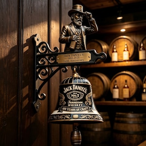 Może przedstawiać: Ścienny dzwonek dekoracyjny z brązową figurką mężczyzny w cylindrze trzymającego butelkę. Tabliczka głosi JACK DANIEL'S 1866-2025 160th Anniversary. Czarny dzwon posiada napis JACK DANIEL'S Old No. 7 Tennessee Whiskey oraz 160 YEARS OF CRAFT.