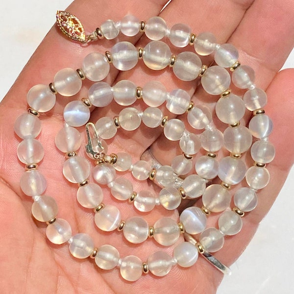 Rare Art Deco high quality white moonstone bead beaded 20 1/2" necklace 14K yellow gold clasp estate fine jewelry