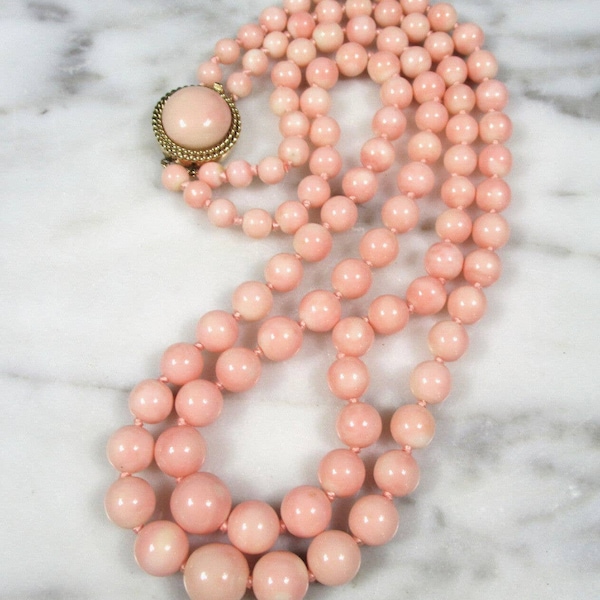 Antique natural true angel skin pink coral beaded necklace14K yellow gold 88.4g highest quality