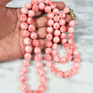 Large vintage long natural pink angel skin coral graduated bead strand necklace 14K yellow gold 170g estate fine jewelry
