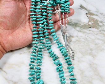 vintage dead pawn Santo Domingo Morenci turquoise nugget olive shell heishi 2 strand sterling silver necklace estate jewelry