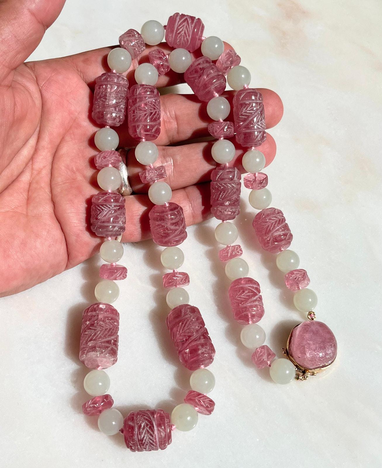 Pink Mutton Huge Vintage GUMP'S Carved Pink Tourmaline Mutton Fat Jade Beaded 14K ...