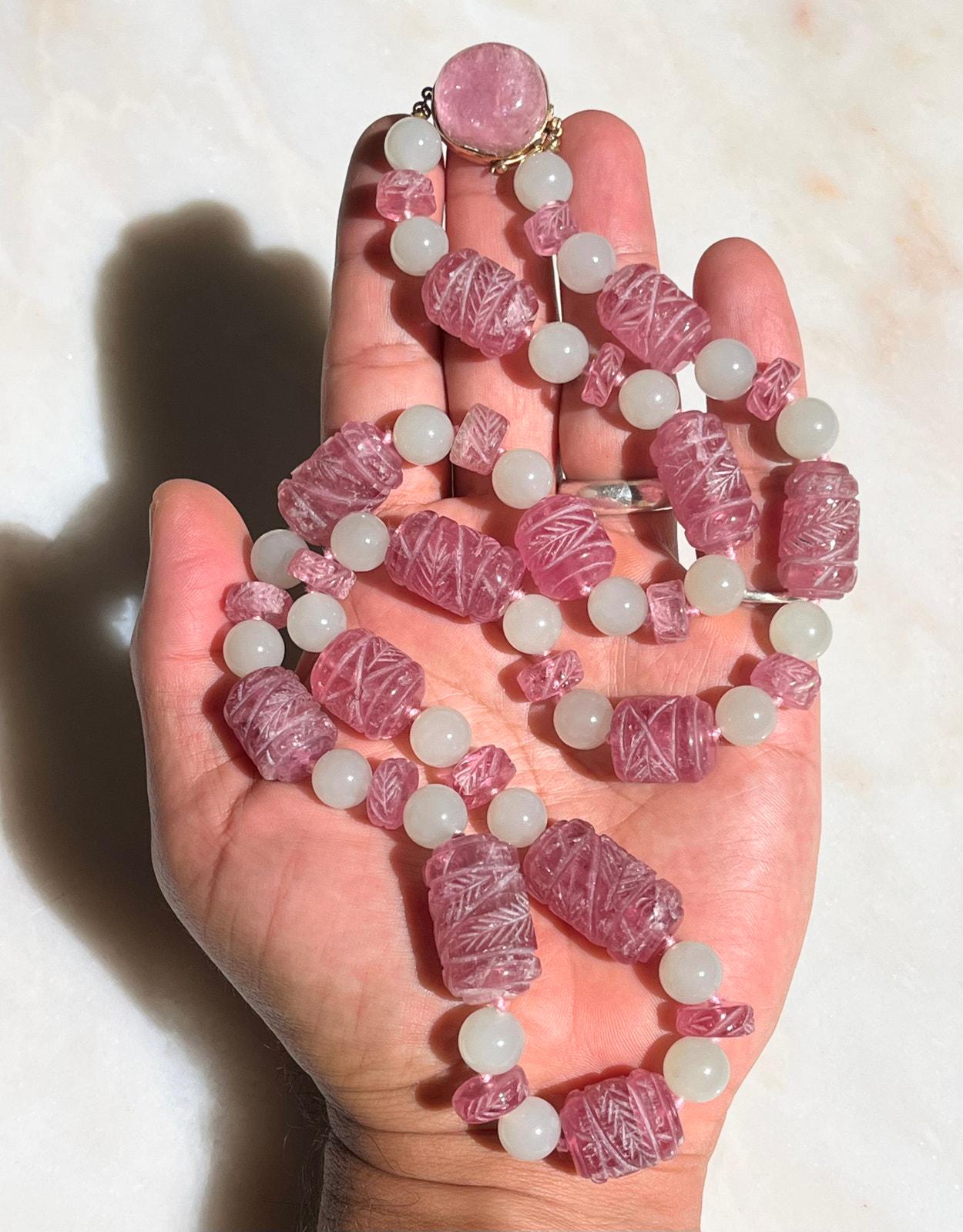 Pink Mutton Huge Vintage GUMP'S Carved Pink Tourmaline Mutton Fat Jade Beaded 14K ...