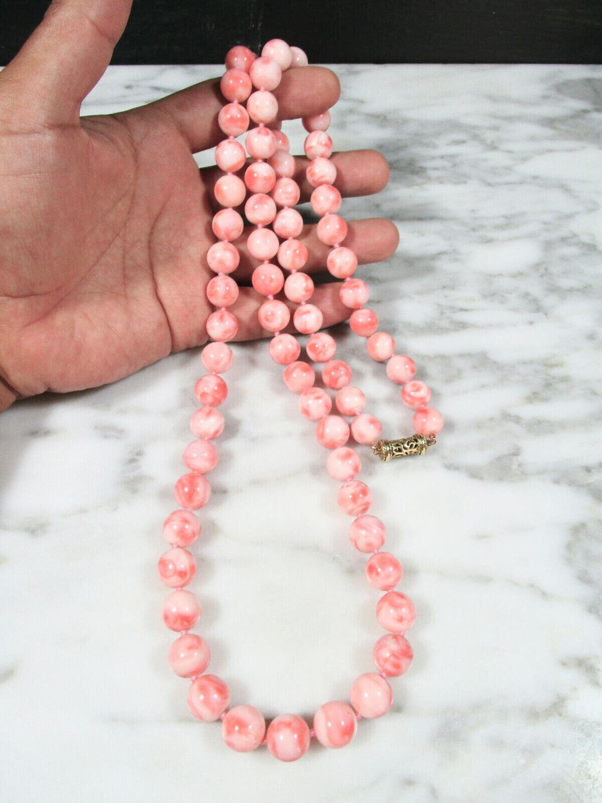 Vintage 1960s Carved Pink Coral Flower Bead Strand  Vintage graduated twig authentic pink coral necklace main image 1