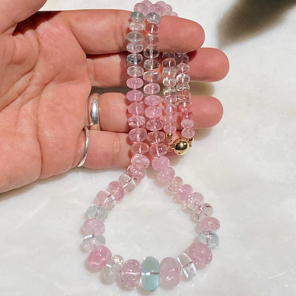 Huge AAA pink tourmaline & blue aquamarine beaded 14K yellow gold diamond studded clasp necklace 352 CTS estate fine jewelry